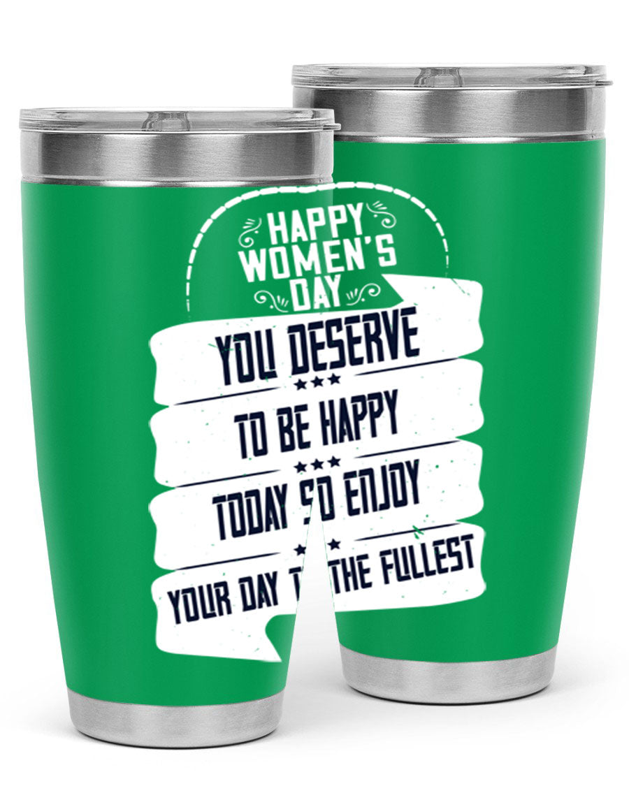 Stylish 20oz and 30oz stainless steel tumblers with Women's Day design, showcasing double wall vacuum insulation and drink-thru lid.
