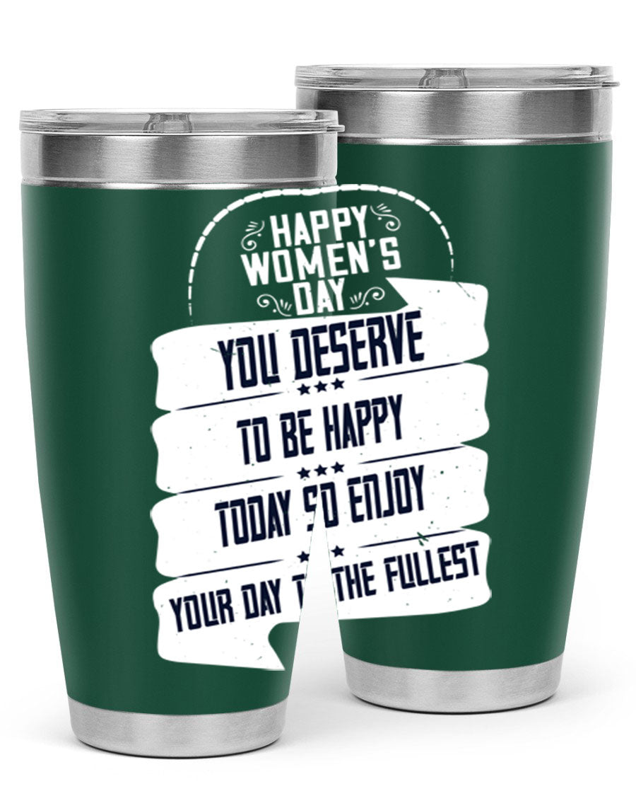 Stylish 20oz and 30oz stainless steel tumblers with Women's Day design, showcasing double wall vacuum insulation and drink-thru lid.
