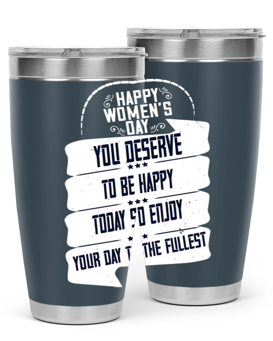 Stylish 20oz and 30oz stainless steel tumblers with Women's Day design, showcasing double wall vacuum insulation and drink-thru lid.