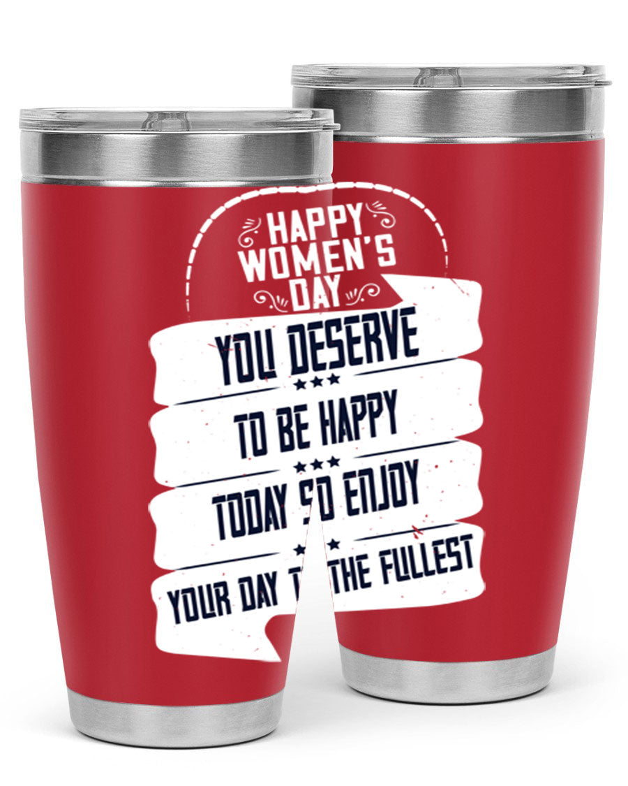 Stylish 20oz and 30oz stainless steel tumblers with Women's Day design, showcasing double wall vacuum insulation and drink-thru lid.