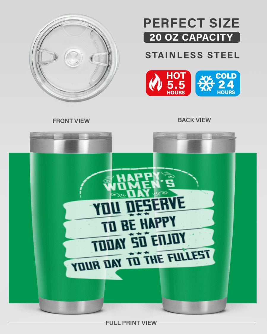 Stylish 20oz and 30oz stainless steel tumblers with Women's Day design, showcasing double wall vacuum insulation and drink-thru lid.