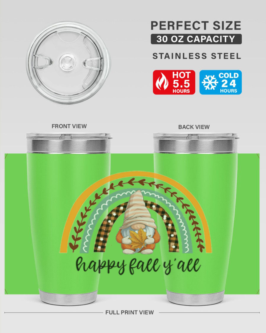 HappyFallYallGnomeRainbow 20oz tumbler featuring a colorful gnome rainbow design, made of stainless steel with a drink-thru lid.