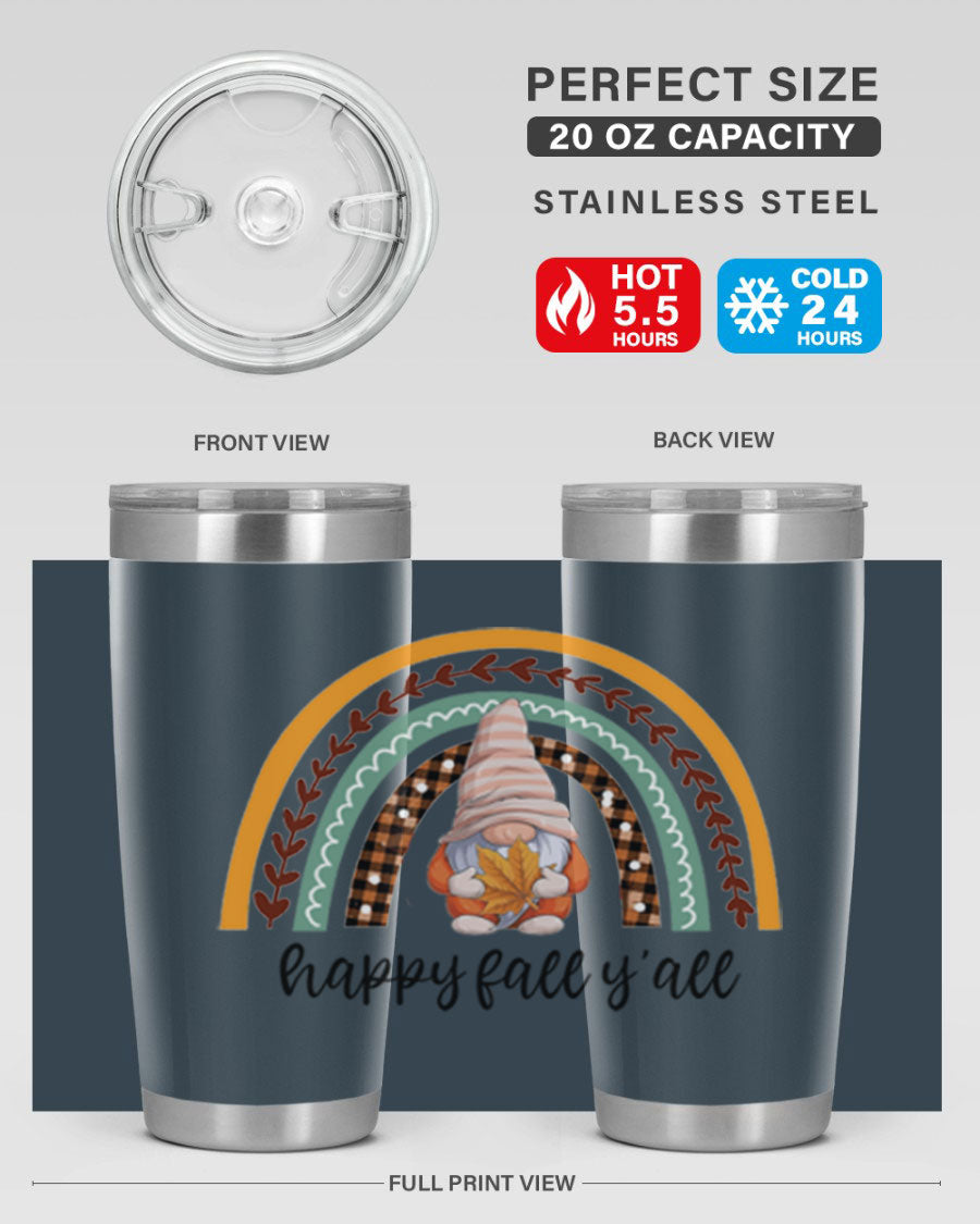 HappyFallYallGnomeRainbow 20oz tumbler featuring a colorful gnome rainbow design, made of stainless steel with a drink-thru lid.