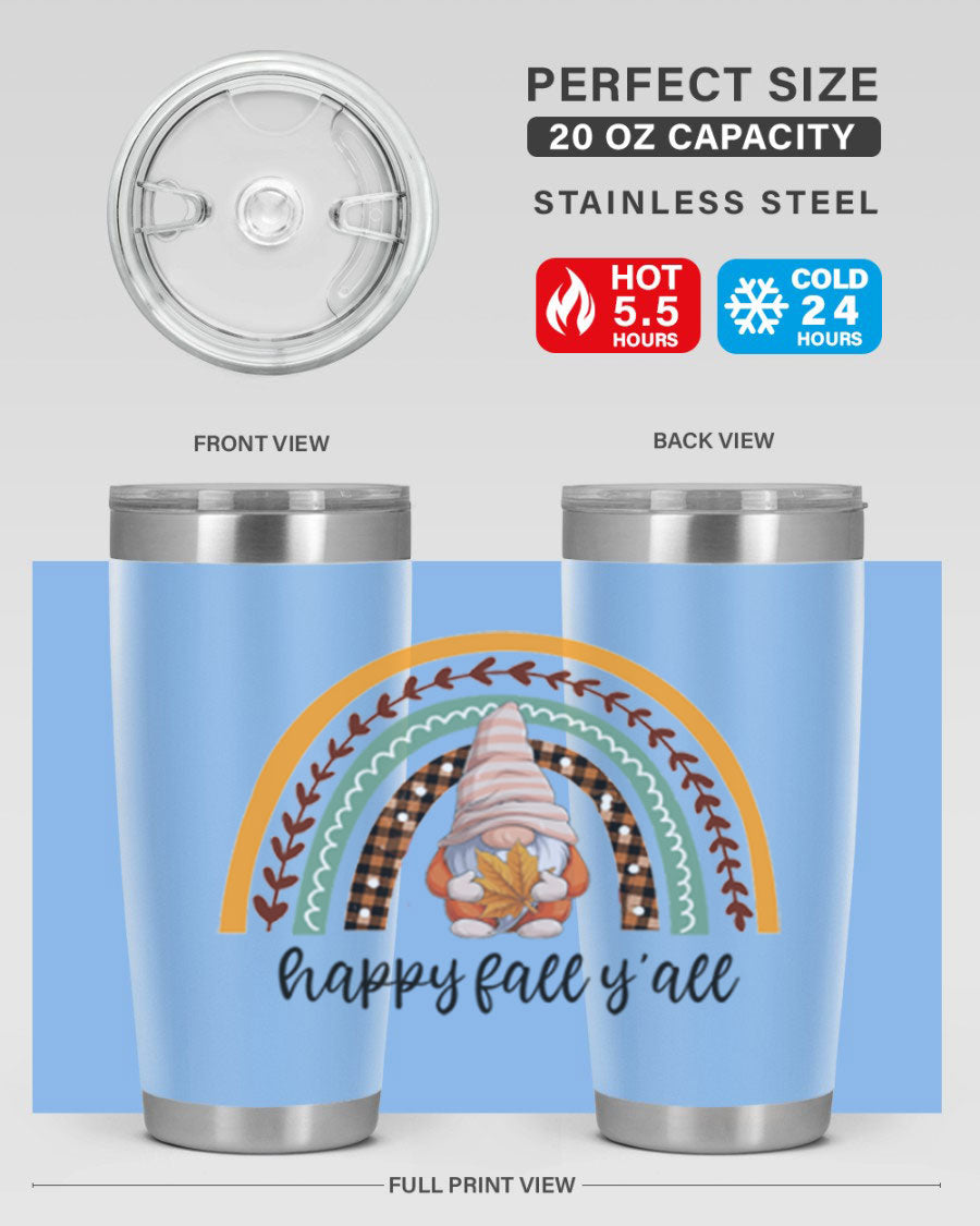 HappyFallYallGnomeRainbow 20oz tumbler featuring a colorful gnome rainbow design, made of stainless steel with a drink-thru lid.