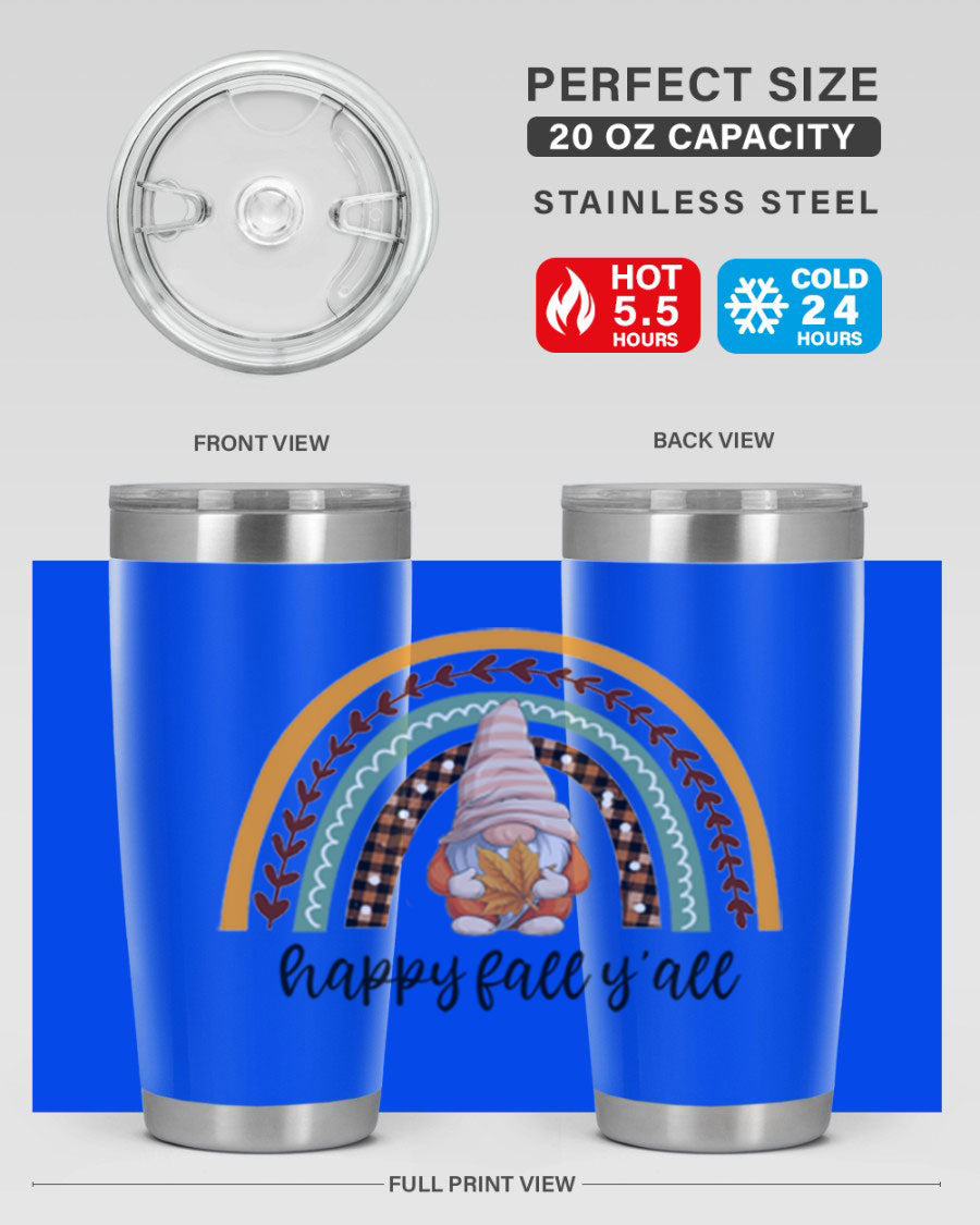 HappyFallYallGnomeRainbow 20oz tumbler featuring a colorful gnome rainbow design, made of stainless steel with a drink-thru lid.
