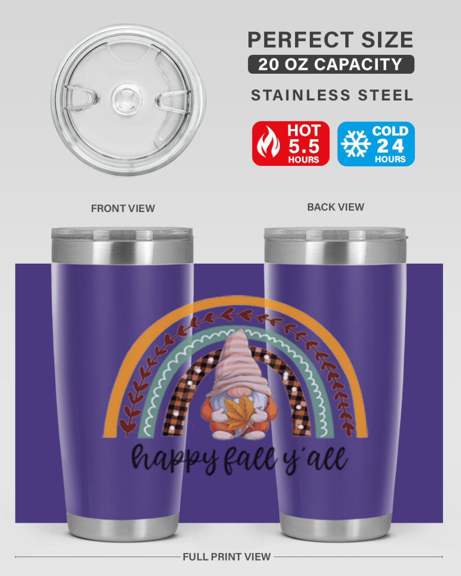 HappyFallYallGnomeRainbow 20oz tumbler featuring a colorful gnome rainbow design, made of stainless steel with a drink-thru lid.