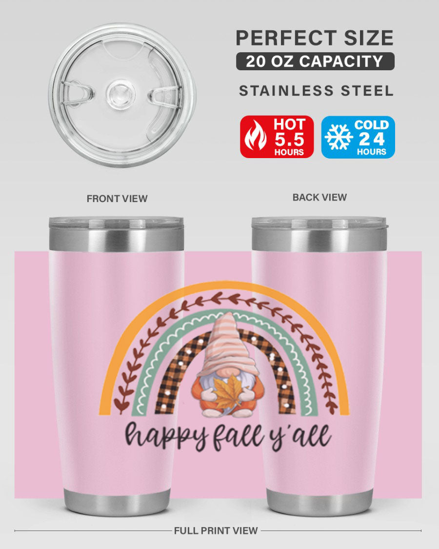 HappyFallYallGnomeRainbow 20oz tumbler featuring a colorful gnome rainbow design, made of stainless steel with a drink-thru lid.