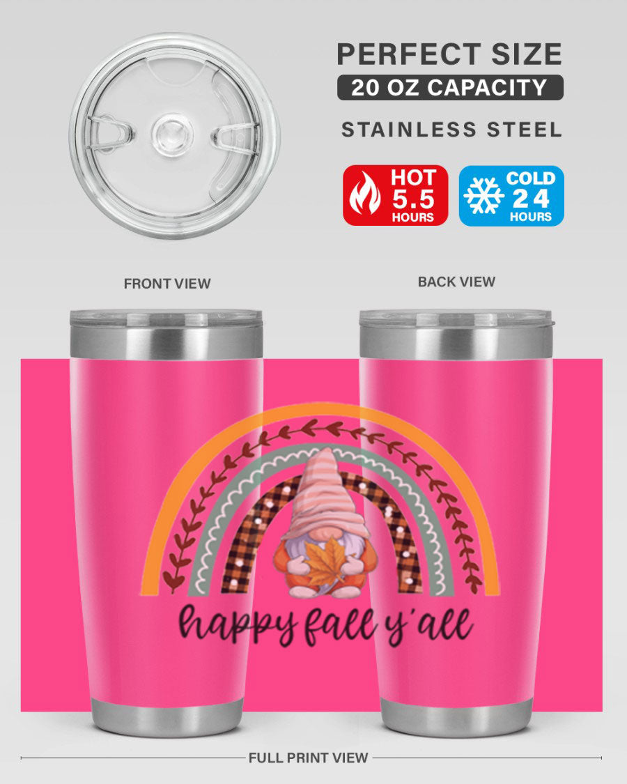HappyFallYallGnomeRainbow 20oz tumbler featuring a colorful gnome rainbow design, made of stainless steel with a drink-thru lid.