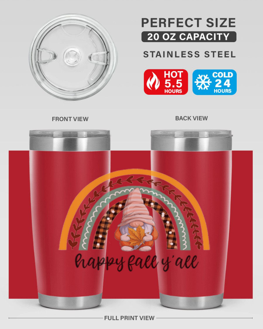 HappyFallYallGnomeRainbow 20oz tumbler featuring a colorful gnome rainbow design, made of stainless steel with a drink-thru lid.
