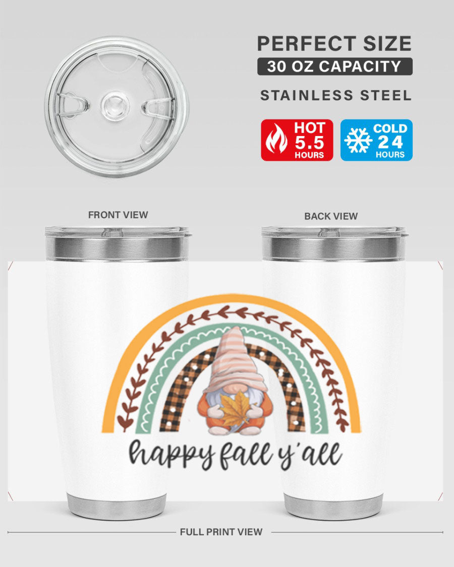HappyFallYallGnomeRainbow 20oz tumbler featuring a colorful gnome rainbow design, made of stainless steel with a drink-thru lid.
