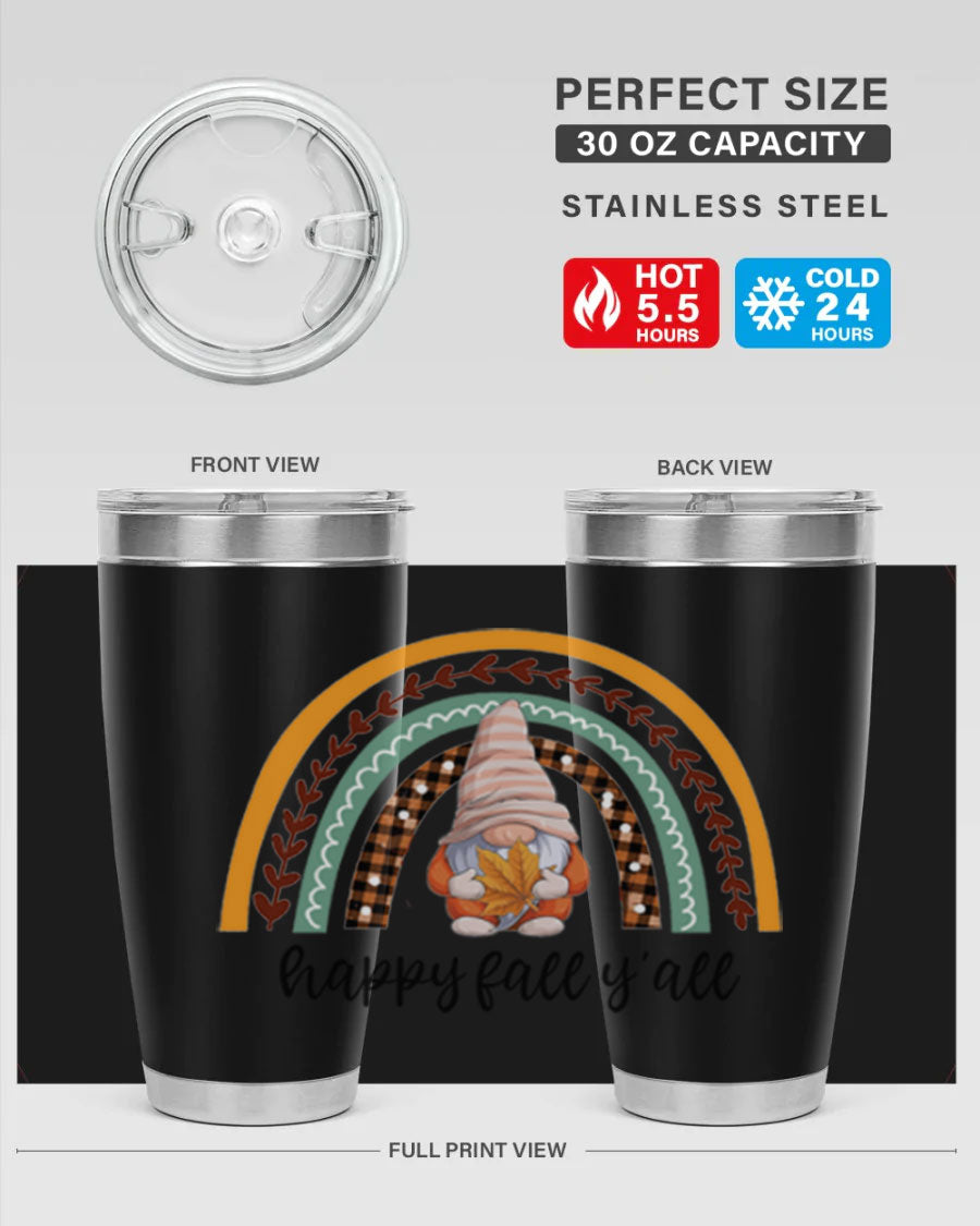 HappyFallYallGnomeRainbow 20oz tumbler featuring a colorful gnome rainbow design, made of stainless steel with a drink-thru lid.