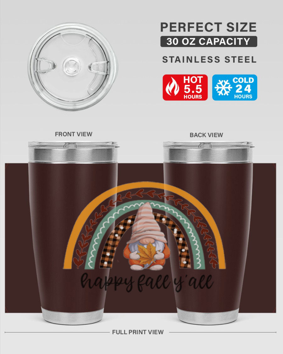 HappyFallYallGnomeRainbow 20oz tumbler featuring a colorful gnome rainbow design, made of stainless steel with a drink-thru lid.