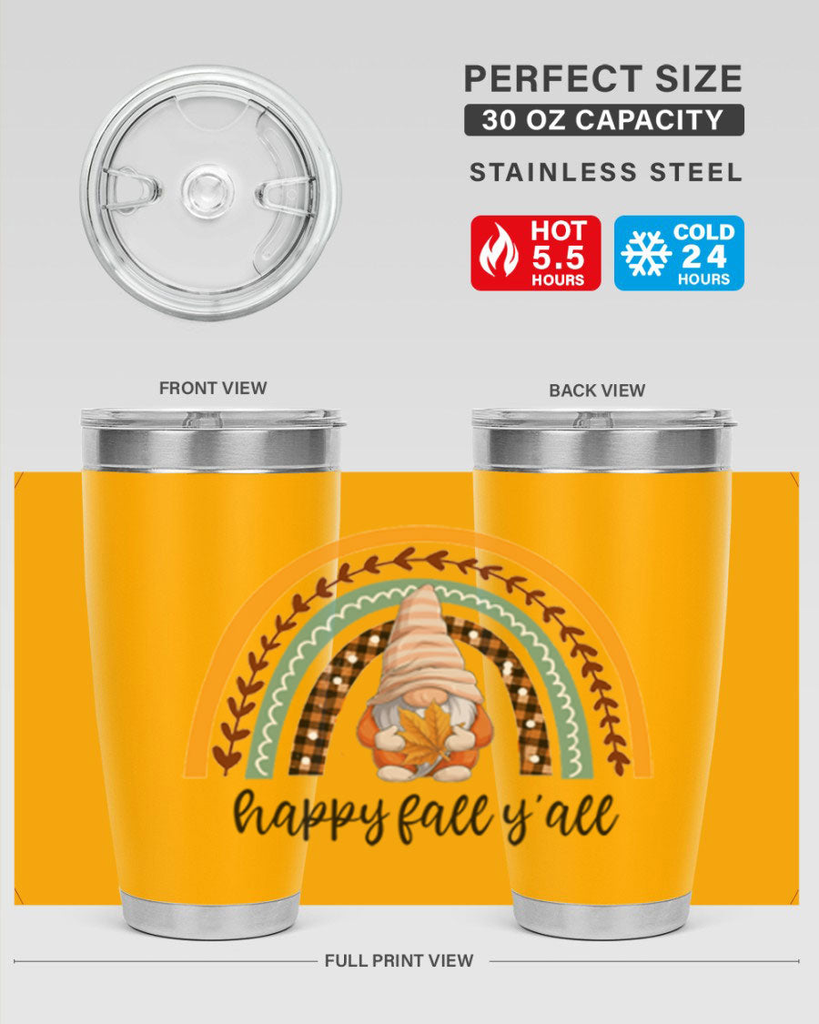 HappyFallYallGnomeRainbow 20oz tumbler featuring a colorful gnome rainbow design, made of stainless steel with a drink-thru lid.