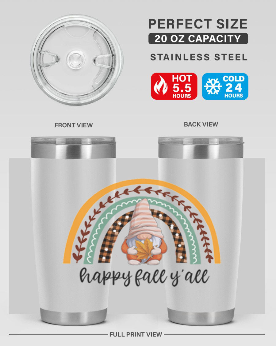 HappyFallYallGnomeRainbow 20oz tumbler featuring a colorful gnome rainbow design, made of stainless steel with a drink-thru lid.