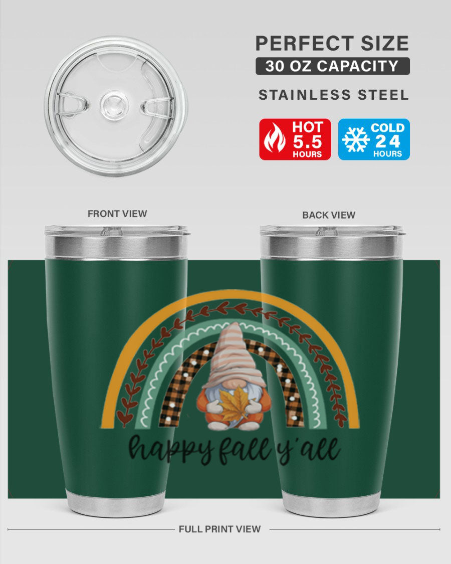 HappyFallYallGnomeRainbow 20oz tumbler featuring a colorful gnome rainbow design, made of stainless steel with a drink-thru lid.