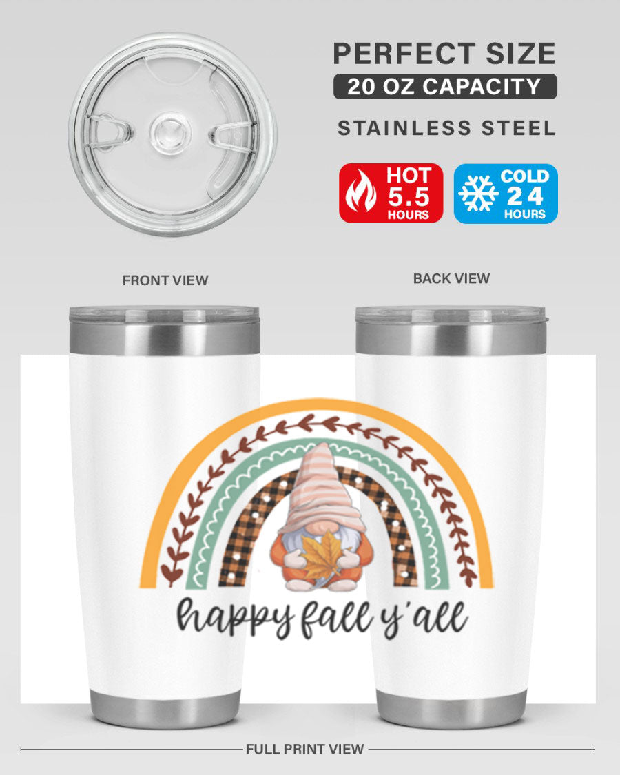 HappyFallYallGnomeRainbow 20oz tumbler featuring a colorful gnome rainbow design, made of stainless steel with a drink-thru lid.