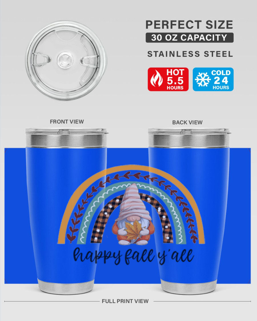 HappyFallYallGnomeRainbow 20oz tumbler featuring a colorful gnome rainbow design, made of stainless steel with a drink-thru lid.