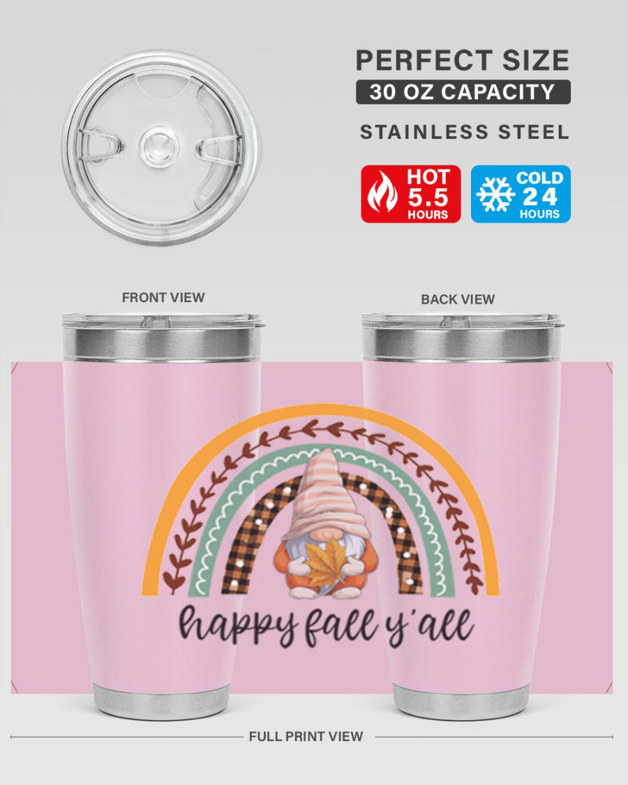 HappyFallYallGnomeRainbow 20oz tumbler featuring a colorful gnome rainbow design, made of stainless steel with a drink-thru lid.