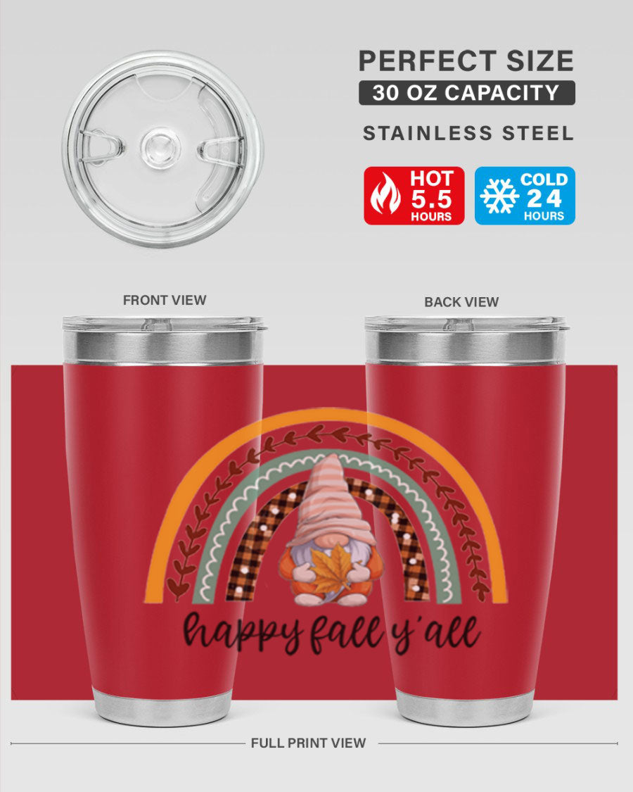 HappyFallYallGnomeRainbow 20oz tumbler featuring a colorful gnome rainbow design, made of stainless steel with a drink-thru lid.
