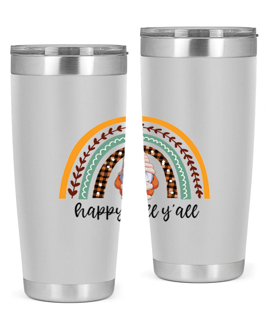 HappyFallYallGnomeRainbow 20oz tumbler featuring a colorful gnome rainbow design, made of stainless steel with a drink-thru lid.