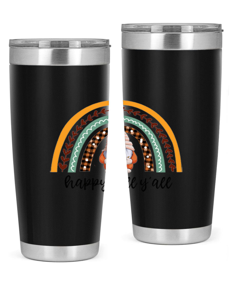 HappyFallYallGnomeRainbow 20oz tumbler featuring a colorful gnome rainbow design, made of stainless steel with a drink-thru lid.