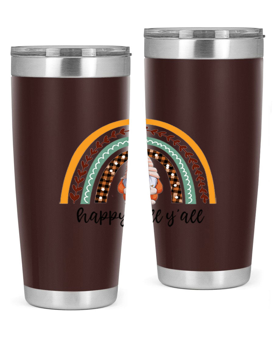 HappyFallYallGnomeRainbow 20oz tumbler featuring a colorful gnome rainbow design, made of stainless steel with a drink-thru lid.