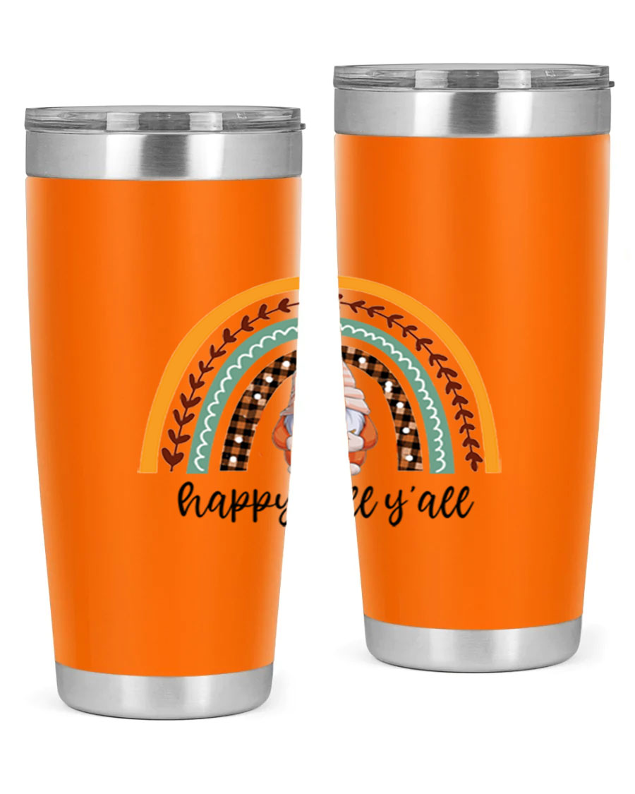 HappyFallYallGnomeRainbow 20oz tumbler featuring a colorful gnome rainbow design, made of stainless steel with a drink-thru lid.