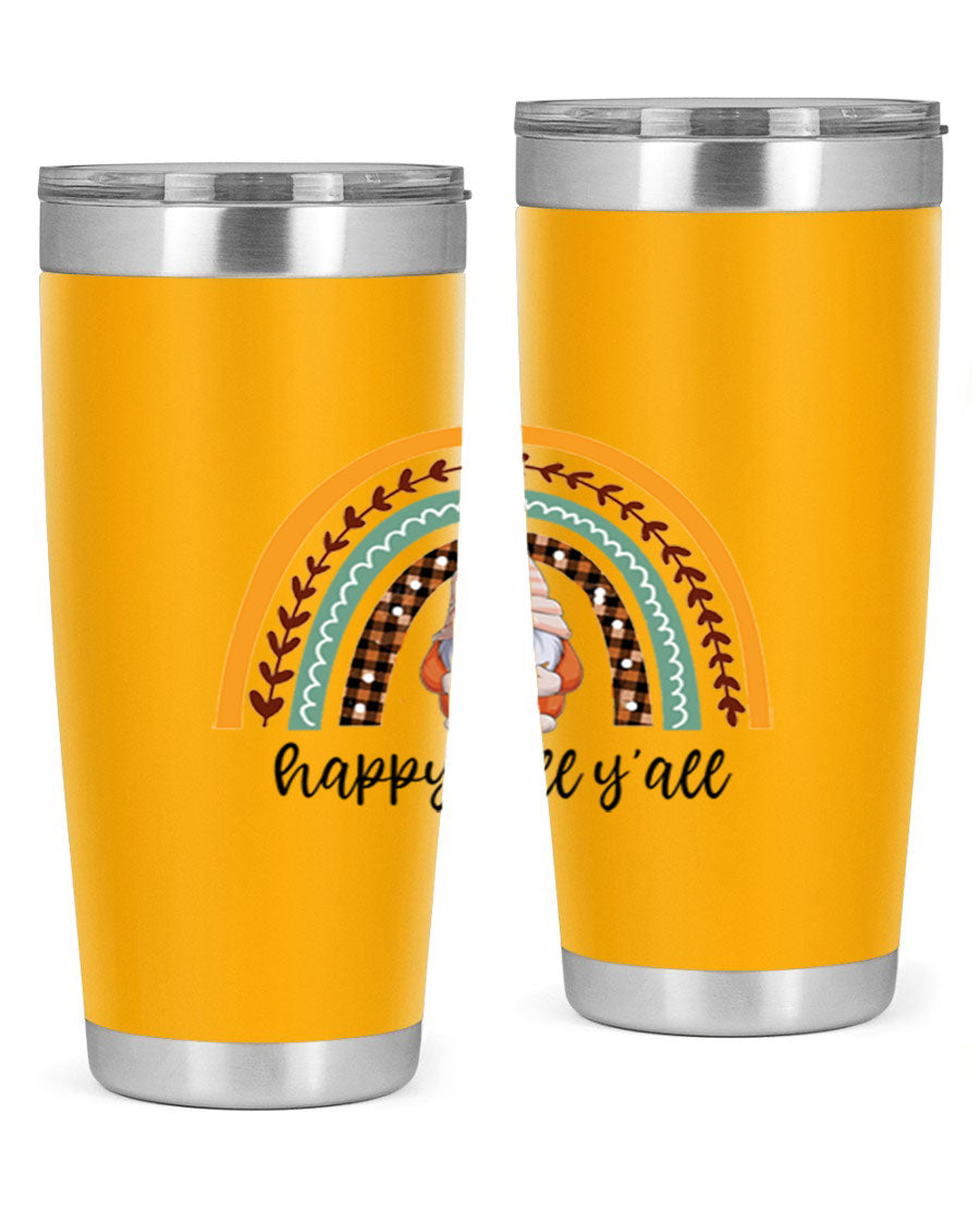 HappyFallYallGnomeRainbow 20oz tumbler featuring a colorful gnome rainbow design, made of stainless steel with a drink-thru lid.