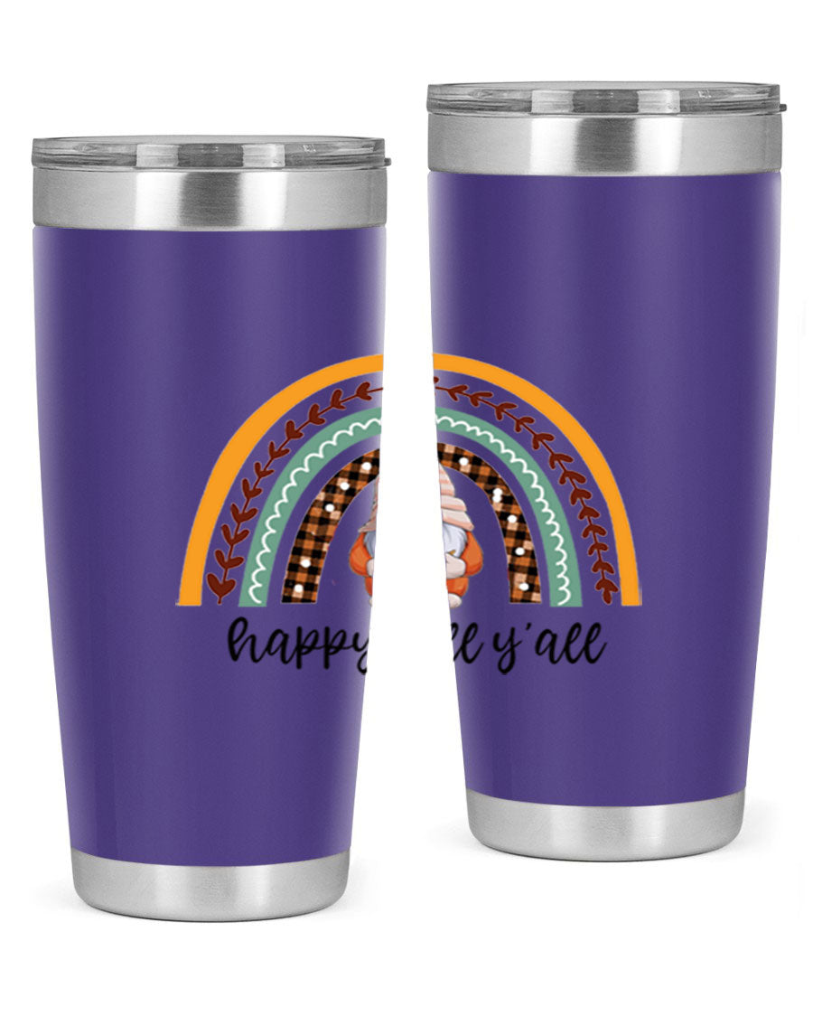 HappyFallYallGnomeRainbow 20oz tumbler featuring a colorful gnome rainbow design, made of stainless steel with a drink-thru lid.