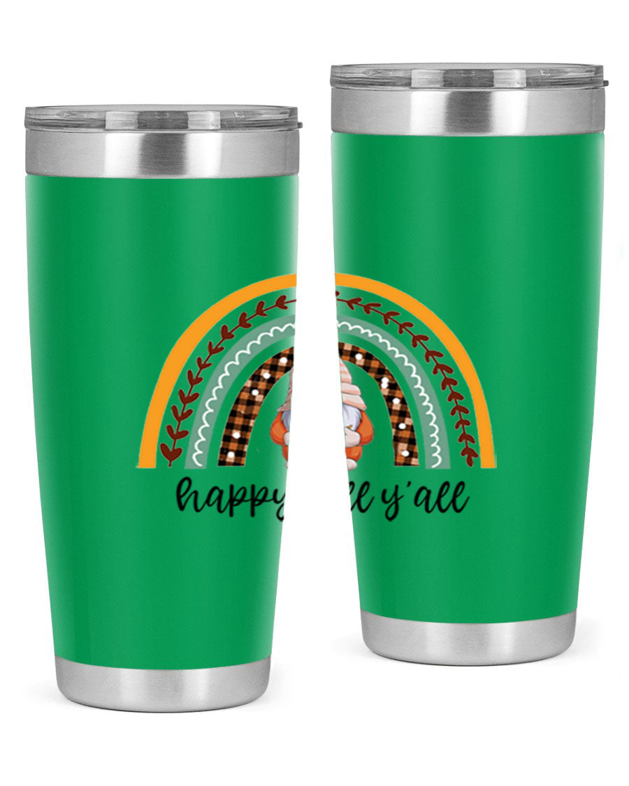 HappyFallYallGnomeRainbow 20oz tumbler featuring a colorful gnome rainbow design, made of stainless steel with a drink-thru lid.