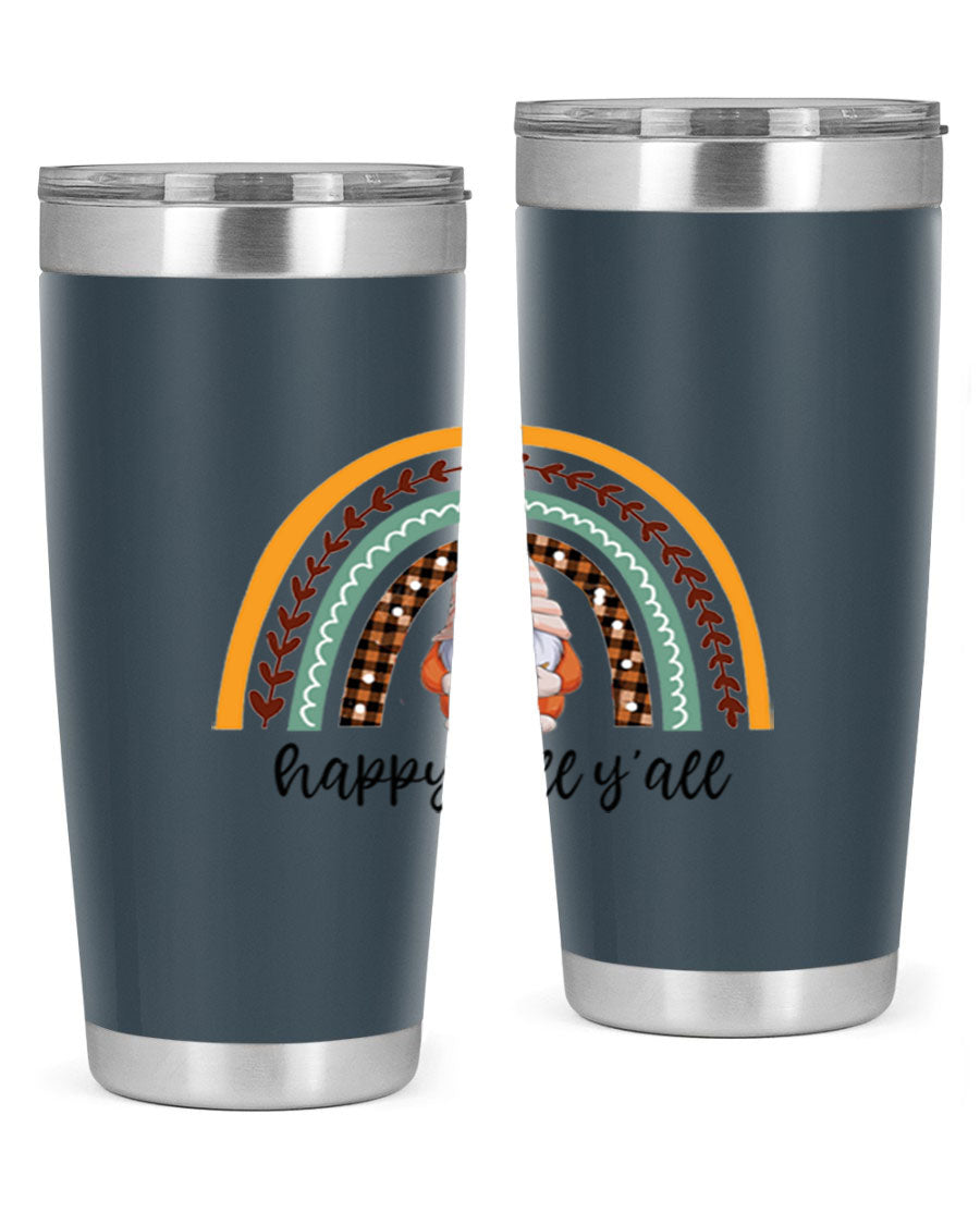 HappyFallYallGnomeRainbow 20oz tumbler featuring a colorful gnome rainbow design, made of stainless steel with a drink-thru lid.