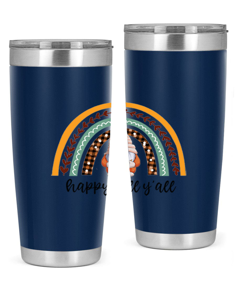 HappyFallYallGnomeRainbow 20oz tumbler featuring a colorful gnome rainbow design, made of stainless steel with a drink-thru lid.