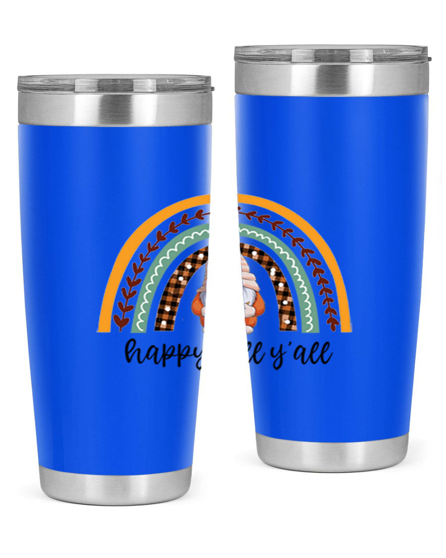 HappyFallYallGnomeRainbow 20oz tumbler featuring a colorful gnome rainbow design, made of stainless steel with a drink-thru lid.