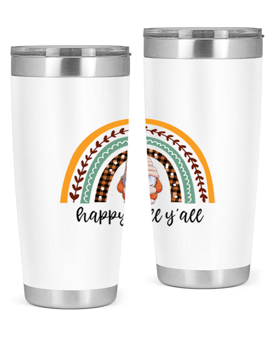 HappyFallYallGnomeRainbow 20oz tumbler featuring a colorful gnome rainbow design, made of stainless steel with a drink-thru lid.