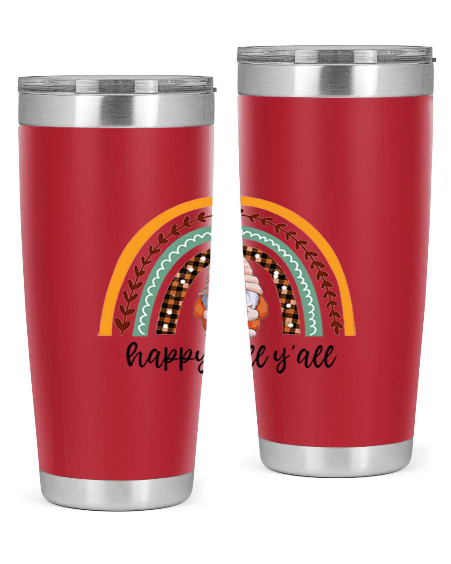 HappyFallYallGnomeRainbow 20oz tumbler featuring a colorful gnome rainbow design, made of stainless steel with a drink-thru lid.