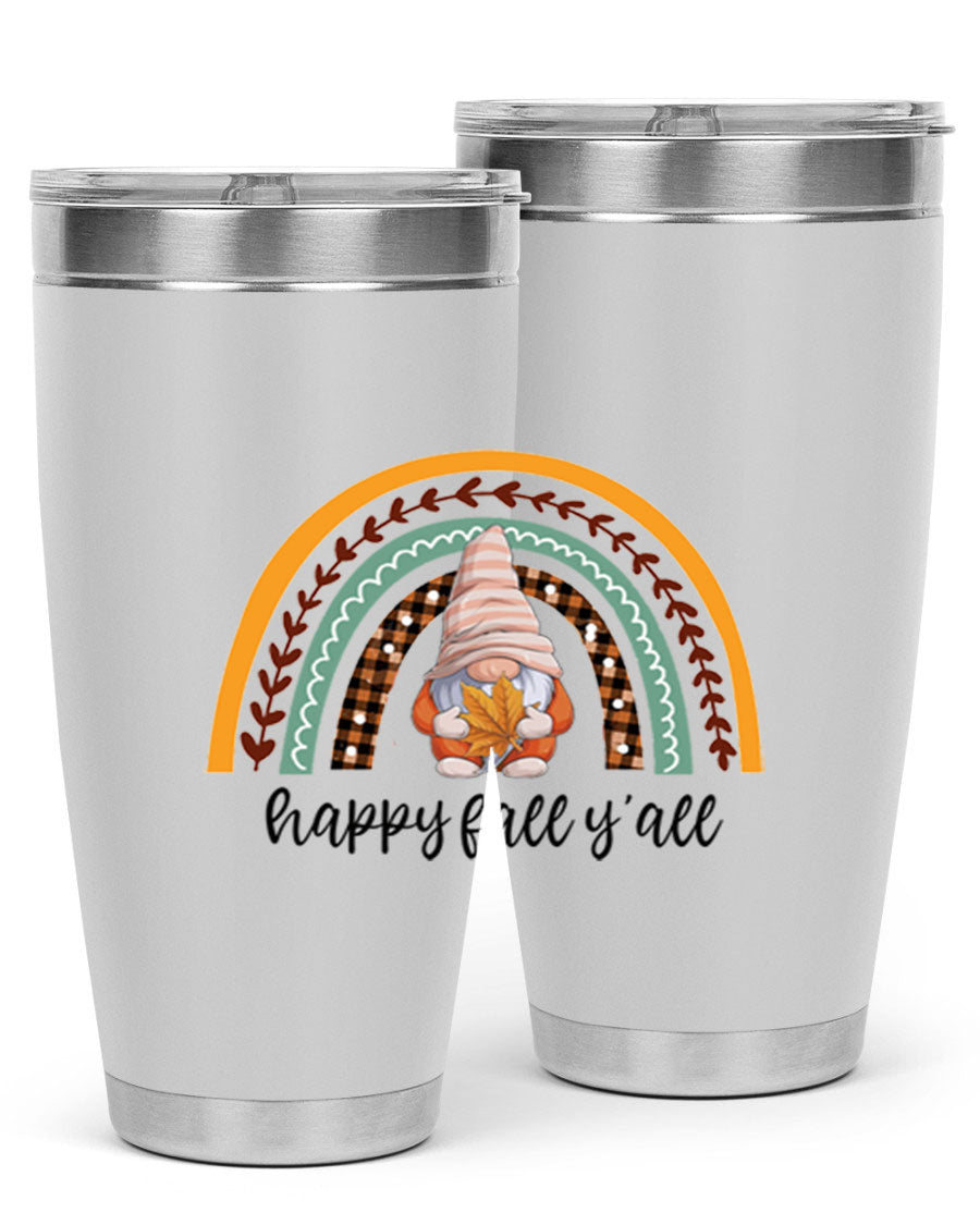 HappyFallYallGnomeRainbow 20oz tumbler featuring a colorful gnome rainbow design, made of stainless steel with a drink-thru lid.