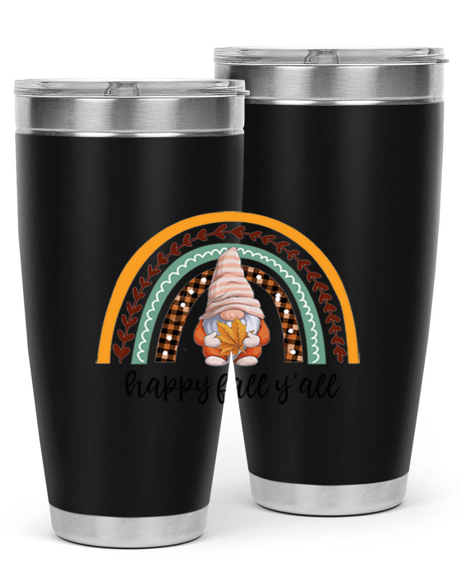 HappyFallYallGnomeRainbow 20oz tumbler featuring a colorful gnome rainbow design, made of stainless steel with a drink-thru lid.