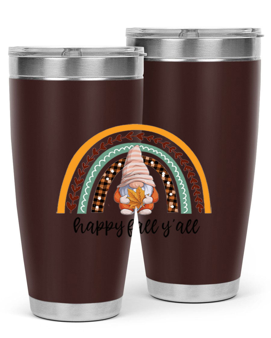 HappyFallYallGnomeRainbow 20oz tumbler featuring a colorful gnome rainbow design, made of stainless steel with a drink-thru lid.