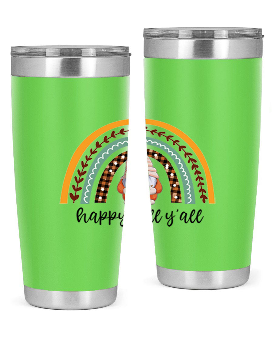 HappyFallYallGnomeRainbow 20oz tumbler featuring a colorful gnome rainbow design, made of stainless steel with a drink-thru lid.