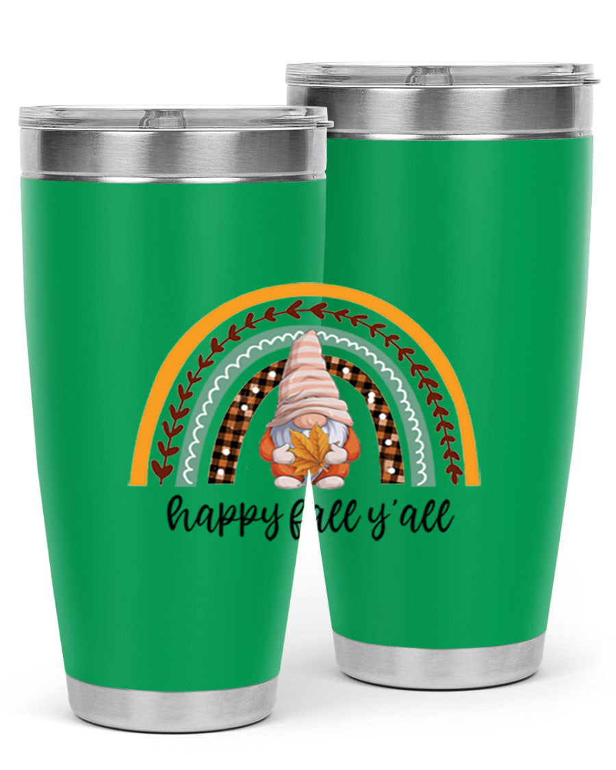 HappyFallYallGnomeRainbow 20oz tumbler featuring a colorful gnome rainbow design, made of stainless steel with a drink-thru lid.