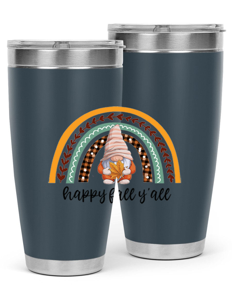HappyFallYallGnomeRainbow 20oz tumbler featuring a colorful gnome rainbow design, made of stainless steel with a drink-thru lid.