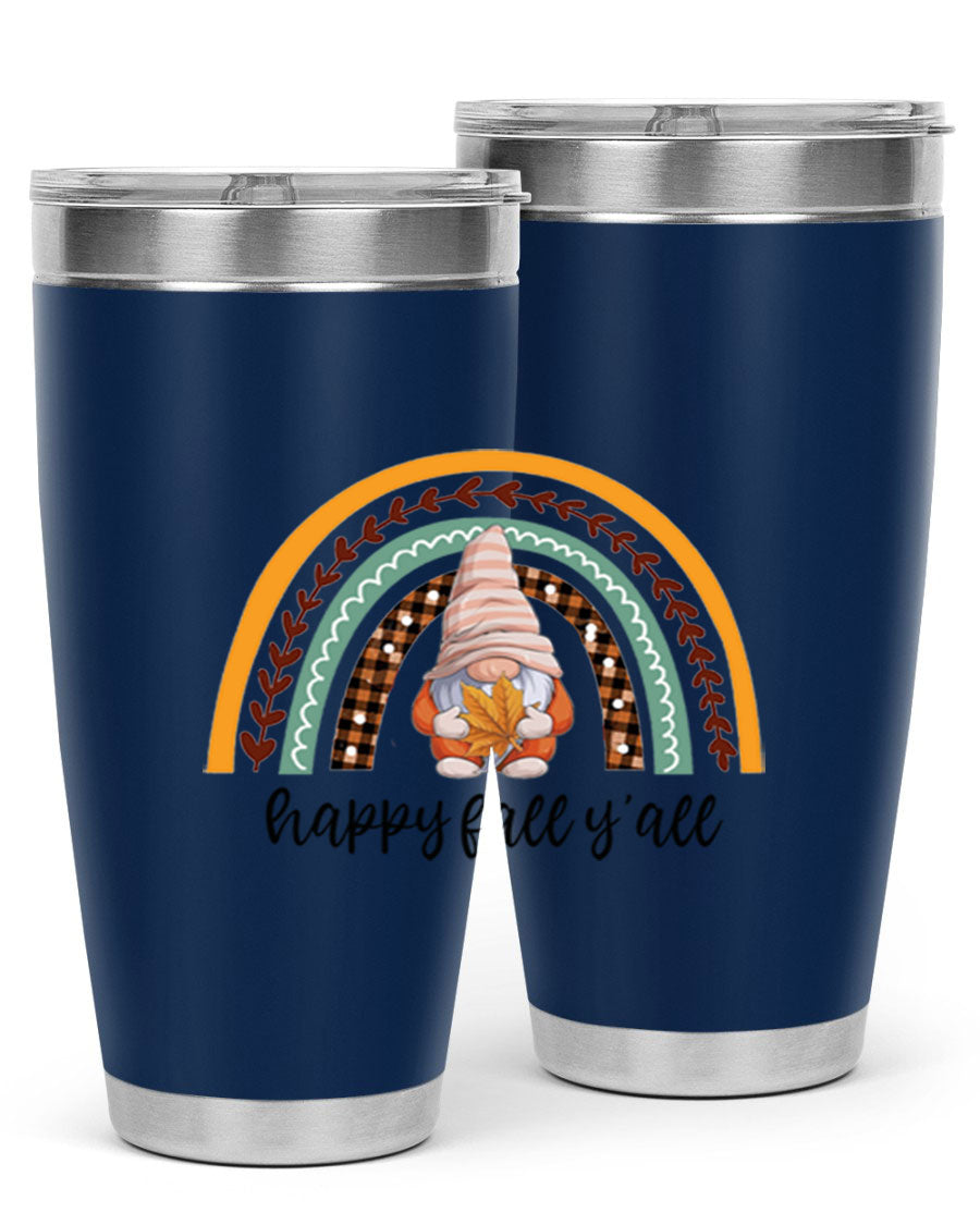 HappyFallYallGnomeRainbow 20oz tumbler featuring a colorful gnome rainbow design, made of stainless steel with a drink-thru lid.