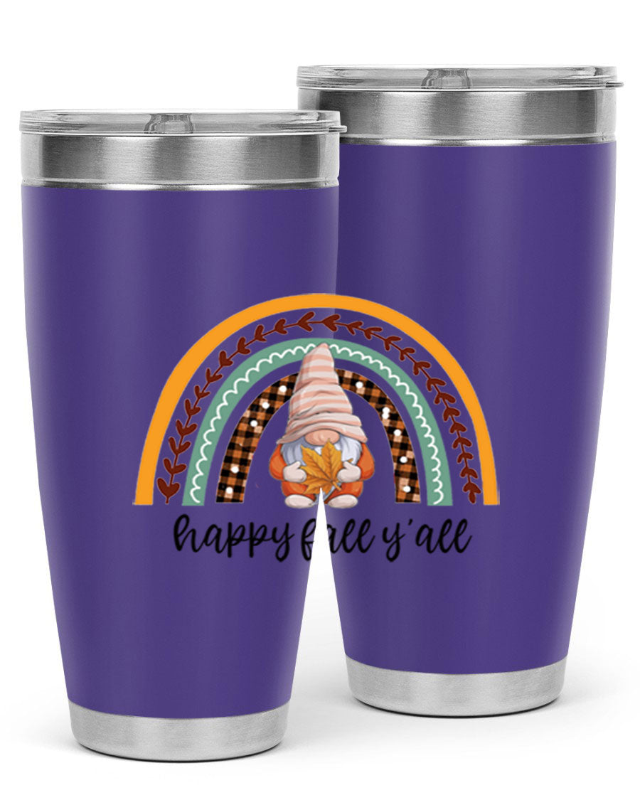 HappyFallYallGnomeRainbow 20oz tumbler featuring a colorful gnome rainbow design, made of stainless steel with a drink-thru lid.