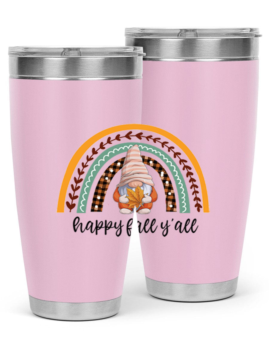 HappyFallYallGnomeRainbow 20oz tumbler featuring a colorful gnome rainbow design, made of stainless steel with a drink-thru lid.