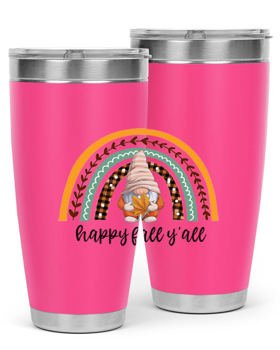 HappyFallYallGnomeRainbow 20oz tumbler featuring a colorful gnome rainbow design, made of stainless steel with a drink-thru lid.