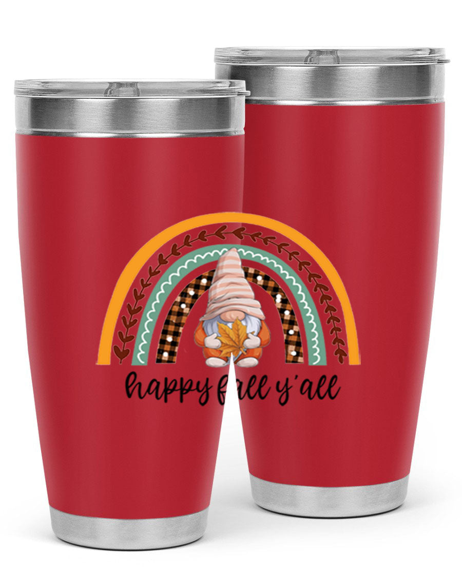 HappyFallYallGnomeRainbow 20oz tumbler featuring a colorful gnome rainbow design, made of stainless steel with a drink-thru lid.