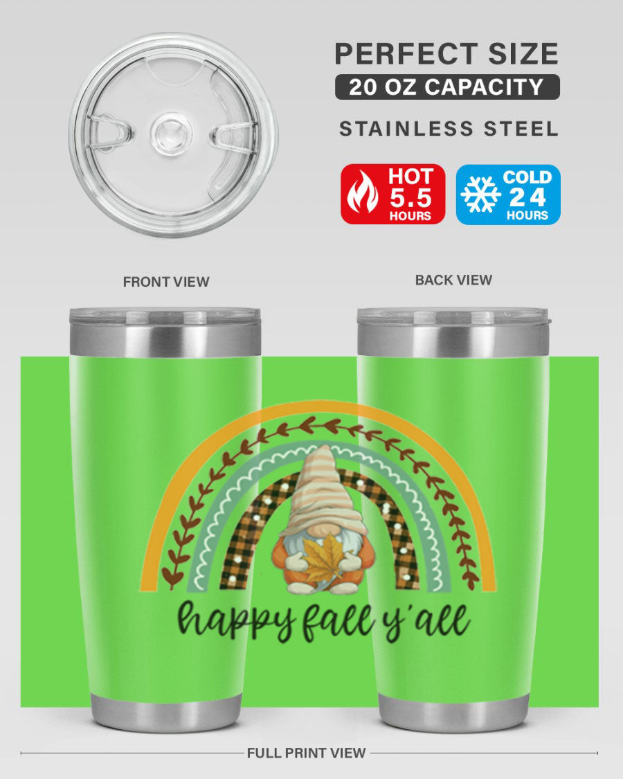HappyFallYallGnomeRainbow 20oz tumbler featuring a colorful gnome rainbow design, made of stainless steel with a drink-thru lid.
