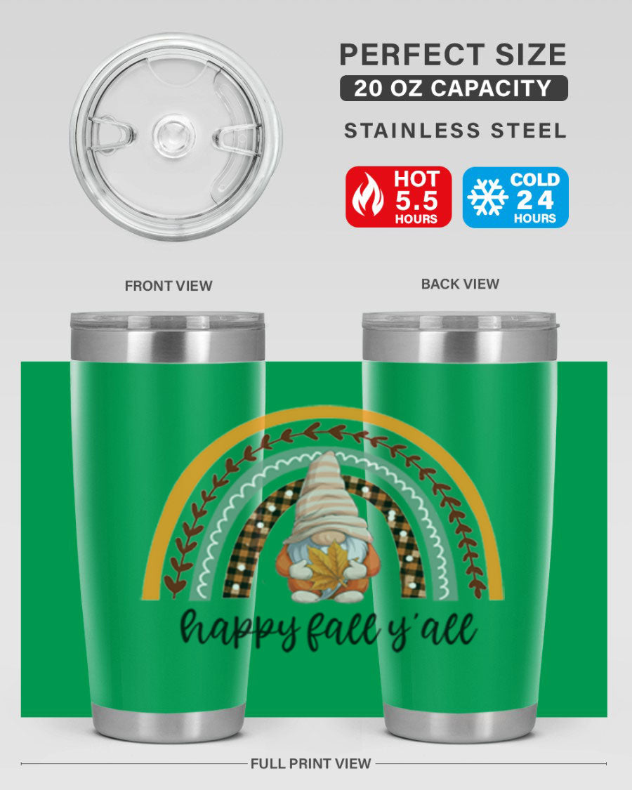 HappyFallYallGnomeRainbow 20oz tumbler featuring a colorful gnome rainbow design, made of stainless steel with a drink-thru lid.