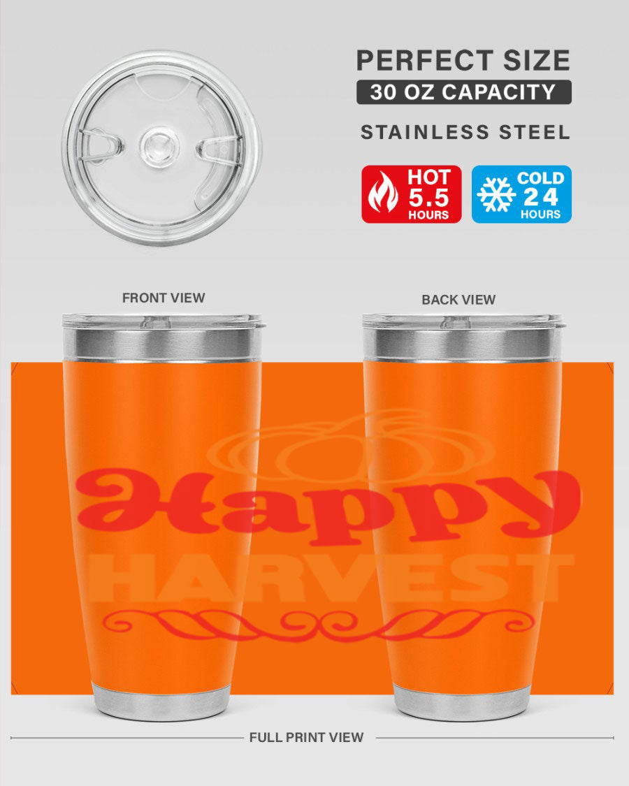 HappyHarvest 256# fall Tumbler in stainless steel with a copper lining, featuring a drink-thru lid and a sleek design.