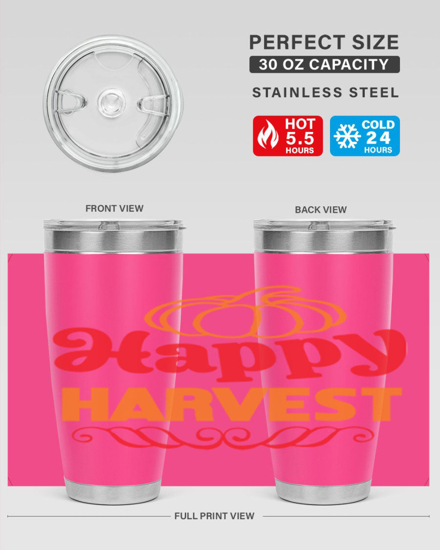 HappyHarvest 256# fall Tumbler in stainless steel with a copper lining, featuring a drink-thru lid and a sleek design.